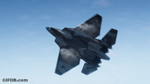 A Fighter Jet Is Flying Through A Blue Sky With Smoke Coming Out Of It GIF