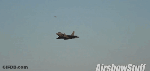 A Fighter Jet Is Flying Through A Cloudy Sky With The Words Airshowstuff Written Below It GIF