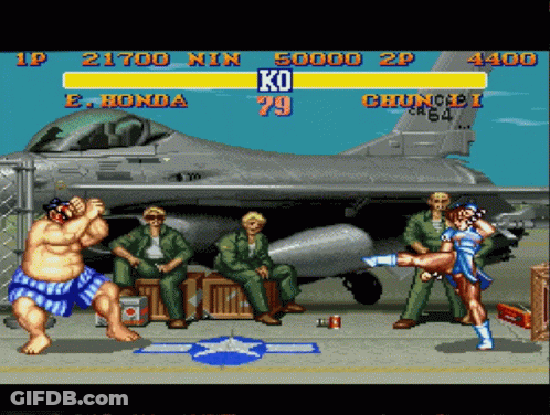 A Fighter Jet Is In The Background Of A Video Game Where A Woman Is Kicking A Man GIF