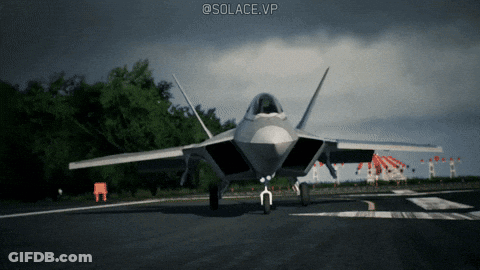 A Fighter Jet On A Runway With The Hashtag @ Solace.vp Above It GIF