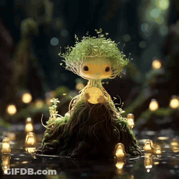 A Figurine Of A Tree With Roots And Leaves GIF