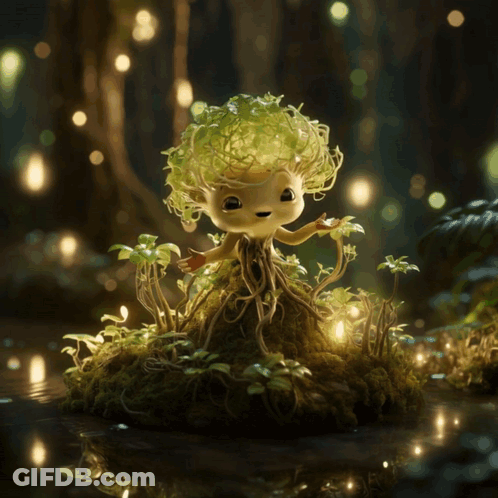 A Figurine Of A Tree With Roots And Leaves On It GIF
