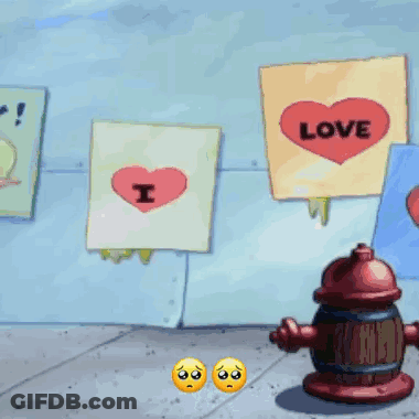A Fire Hydrant In Front Of A Wall With Signs That Say Love And You GIF
