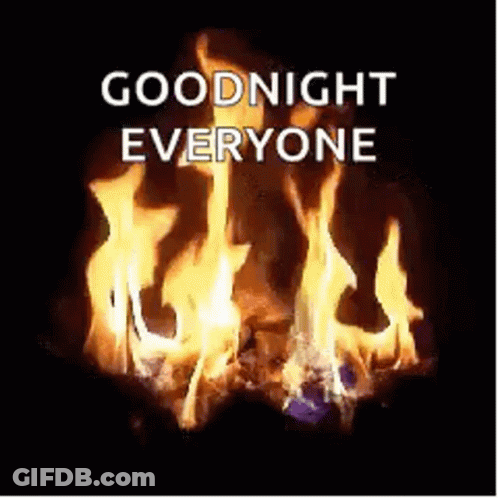 A Fire Is Burning In A Fireplace With The Words `` Goodnight Everyone '' Above It . GIF