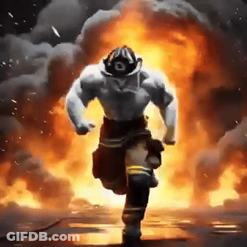 A Fireman Is Running In Front Of A Huge Explosion GIF