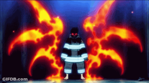 A Fireman With Red Eyes Is Standing In Front Of A Wall Of Fire . GIF