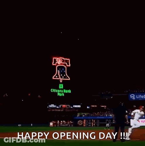 A Fireworks Display At Citizens Bank Park With The Words Happy Opening Day Written On The Bottom GIF