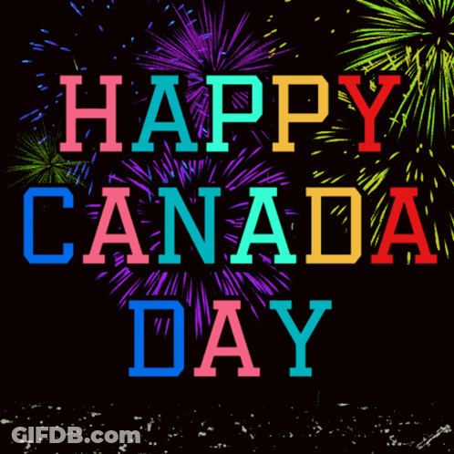 A Fireworks Display Is Behind The Words Happy Canada Day GIF
