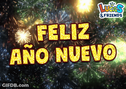A Fireworks Display With The Words Feliz Ano Nuevo In The Foreground GIF