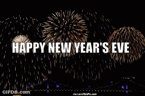 A Fireworks Display With The Words Happy New Year 'S Eve In White Letters GIF
