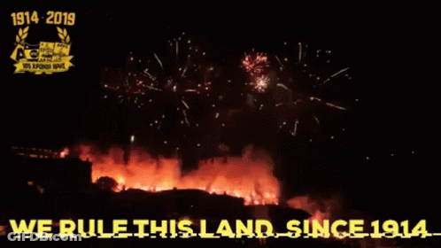 A Fireworks Display With The Words " We Rule This Land Since 1914 " GIF