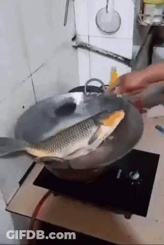 A Fish Is Being Cooked In A Pan On A Stove . GIF