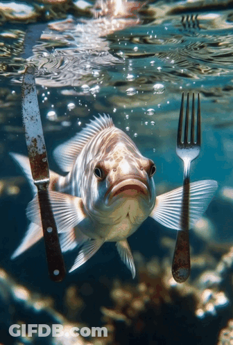 A Fish Is Holding A Knife And Fork In The Water GIF
