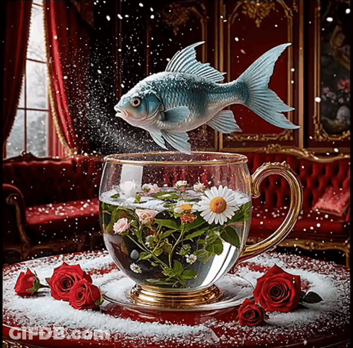 A Fish Is Jumping Out Of A Cup Of Water With Flowers GIF