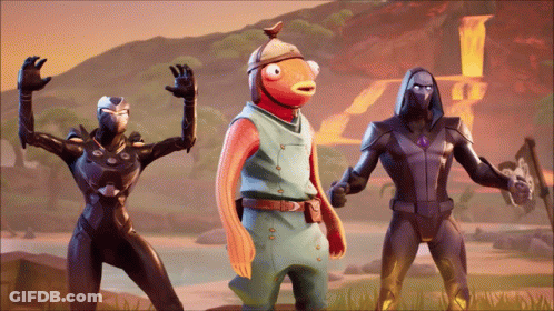 A Fish With A Bird On Its Head Is Standing Next To A Man And A Woman GIF