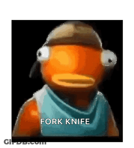A Fish With A Hat On Is Holding A Fork And Knife In His Mouth . GIF