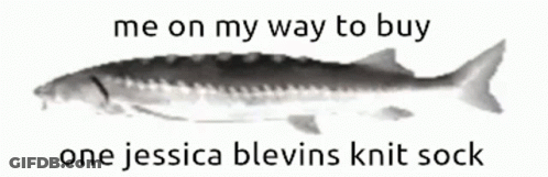 A Fish With The Words " Me On My Way To Buy One Jessica Blevins Knit Sock " Below It GIF