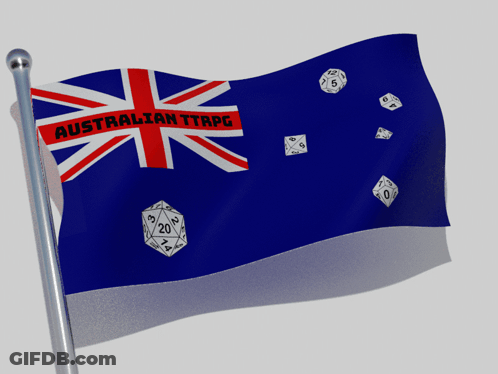 A Flag That Says Australian Ttrpg With Dice On It GIF