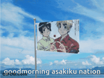 A Flag That Says Good Morning Asakiku Nation With A Picture Of Two Anime Characters On It GIF