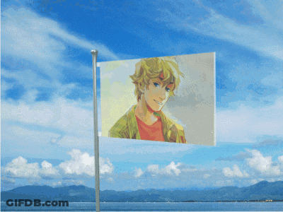 A Flag With A Picture Of A Boy Flying In The Wind GIF