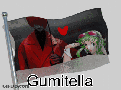A Flag With A Picture Of A Man And A Girl With Gumitella Written On It GIF