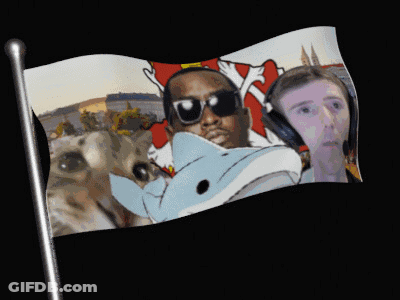 A Flag With A Picture Of A Man Holding A Dolphin On It GIF