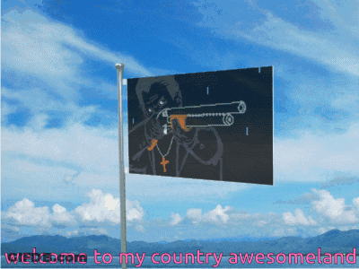 A Flag With A Picture Of A Man Holding A Gun Says Welcome To My Country Awesomeland GIF