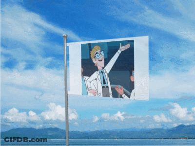 A Flag With A Picture Of A Man In A Lab Coat And Tie GIF