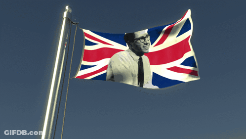 A Flag With A Picture Of A Man In Glasses On It GIF