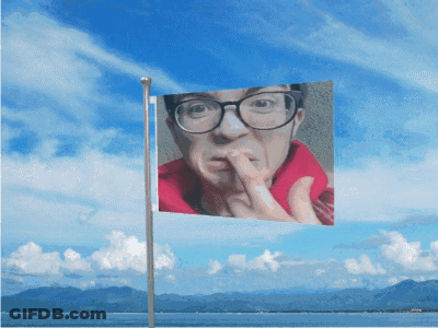 A Flag With A Picture Of A Man With Glasses Covering His Mouth With His Finger GIF