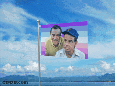 A Flag With A Picture Of Two Men On It Against A Blue Sky GIF