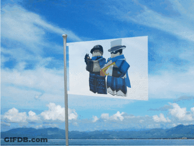 A Flag With A Picture Of Two Roblox Characters Flying In The Wind GIF