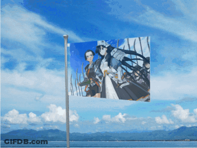 A Flag With A Picture Of Two Samurai On It GIF