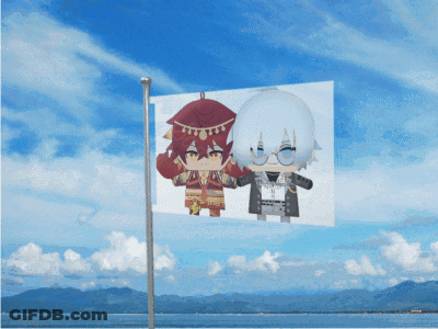 A Flag With Two Anime Characters On It GIF