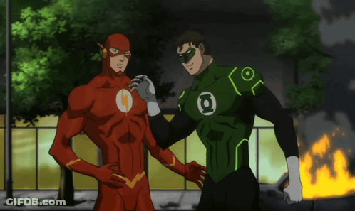 A Flash And A Green Lantern Stand Next To Each Other GIF