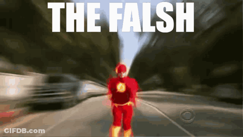 A Flash Is Walking Down A Street With The Words The Falseh Above Him GIF