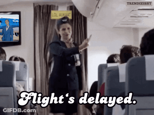 A Flight Attendant Says Flight 'S Delayed In Front Of A Klm Airplane GIF