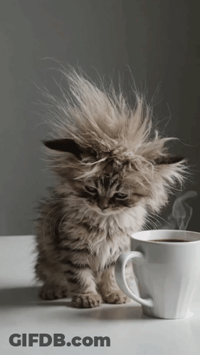 A Fluffy Kitten Sitting Next To A Cup Of Coffee On A Table GIF