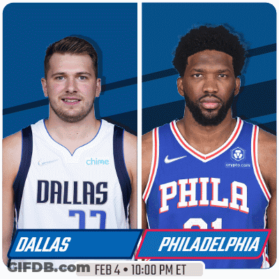 A Flyer For A Basketball Game Between Dallas And Philadelphia On Feb 4 GIF