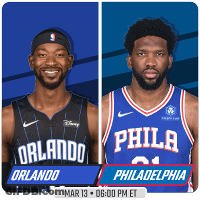 A Flyer For A Basketball Game Between Orlando And Philadelphia On March 13 GIF