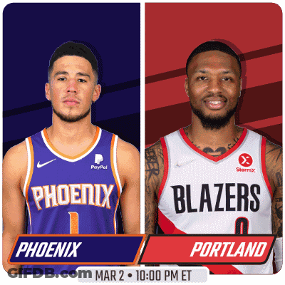 A Flyer For A Basketball Game Between The Phoenix And Portland Blazers GIF