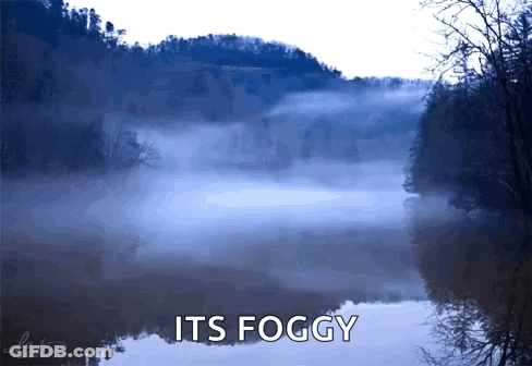 A Foggy Lake Surrounded By Trees And Mountains With The Words " Its Foggy " Above It GIF