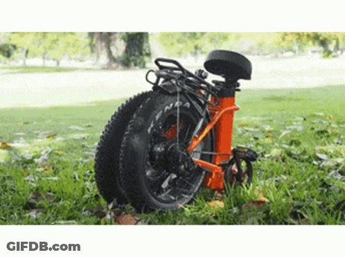 A Folding Bike Is Sitting In The Grass In A Park . GIF