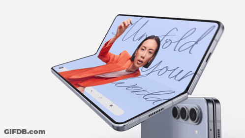 A Folding Phone With A Picture Of A Woman And The Words " Unfold Your World " On The Screen GIF