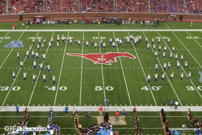 A Football Field With A Mustang Logo On The Field GIF