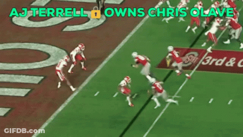 A Football Field With The Words Aj Terrell Owns Chris Olave On Top GIF
