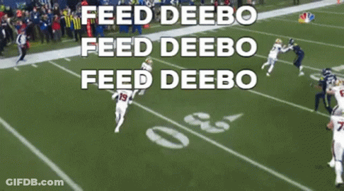 A Football Field With The Words Feed Deebo Feed Deebo Feed Deebo On The Top GIF