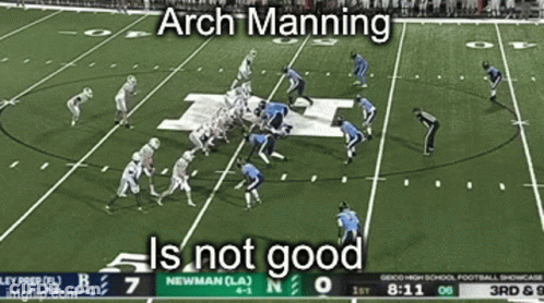 A Football Game Between Arch Manning And Newman With A Score Of 7 To 0 GIF
