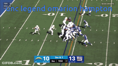 A Football Game Between The La Chargers And The New York Giants Is Being Shown On Cbs Sports GIF