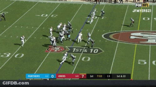 A Football Game Between The Panthers And The 49Ers Is Being Shown On Fox NFL GIF